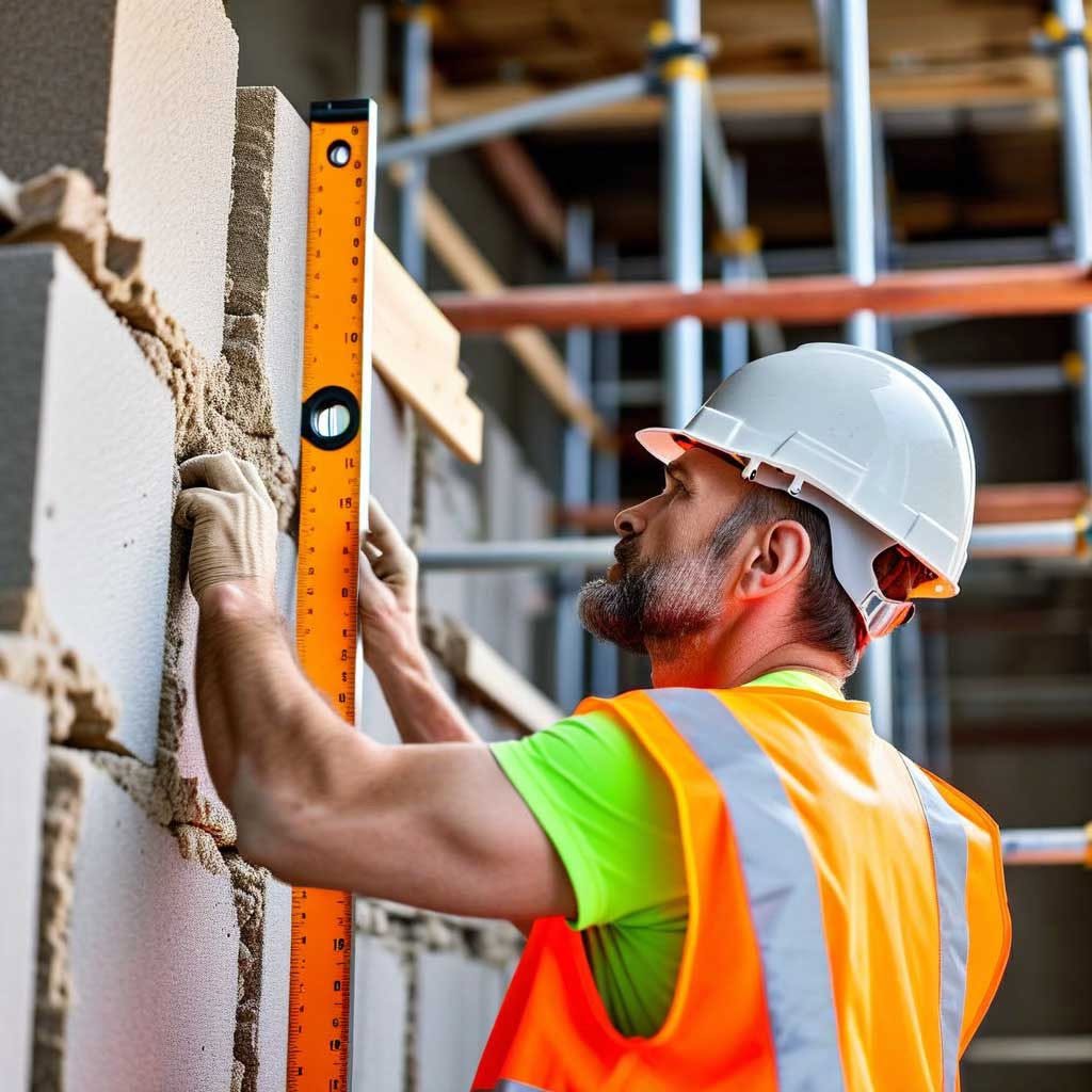 Mason setting stone to a level