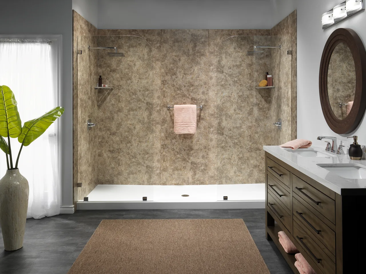 River Rock pattern shower walls with a glass enclosure