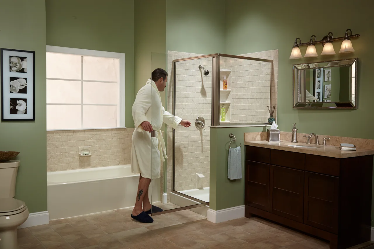 Walk-in bathtub in a bright bathroom