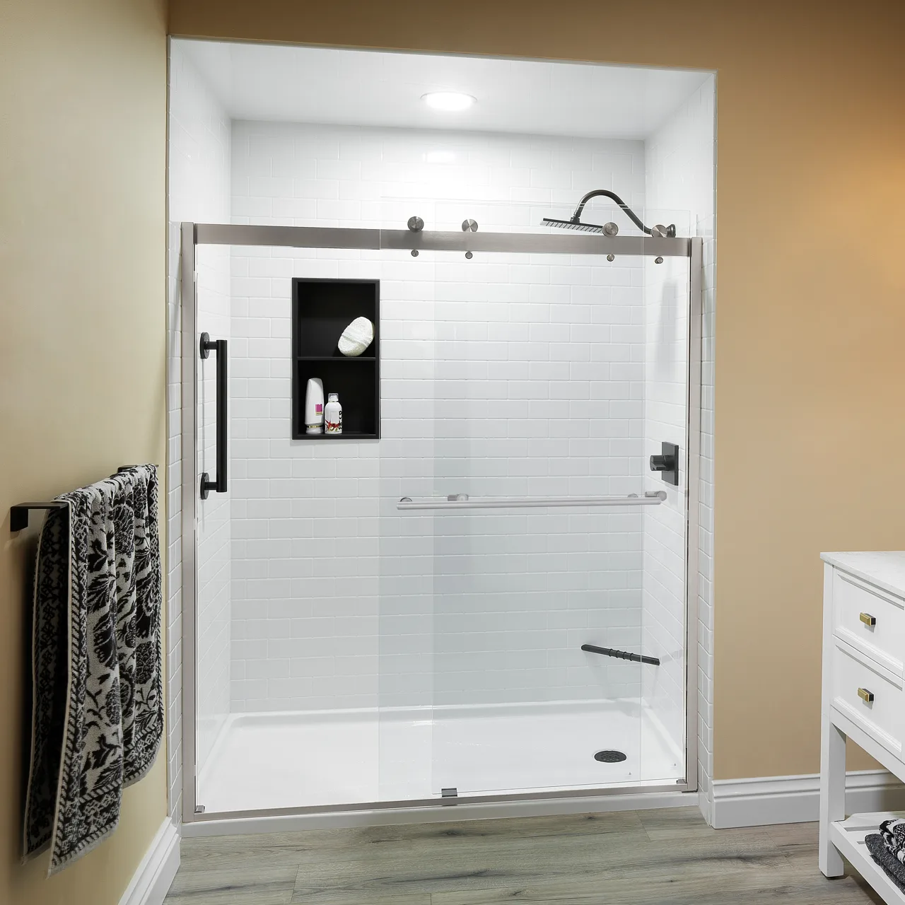 Shower with a matte black Denali glass enclosure